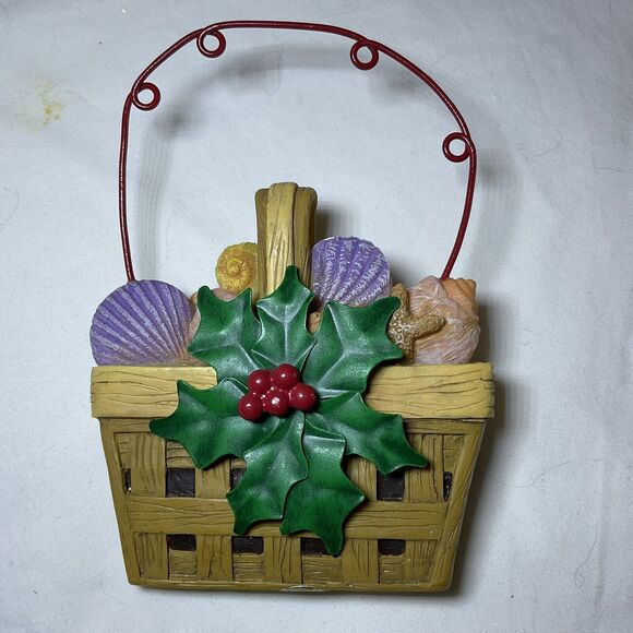 Handled Woven Tan Basket of Sea Shells with Holly Leaf & Berries Xmas Ornament - Picture 1 of 3